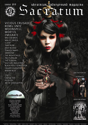 Xarah on the covr of underground gothic Sacratum magazine